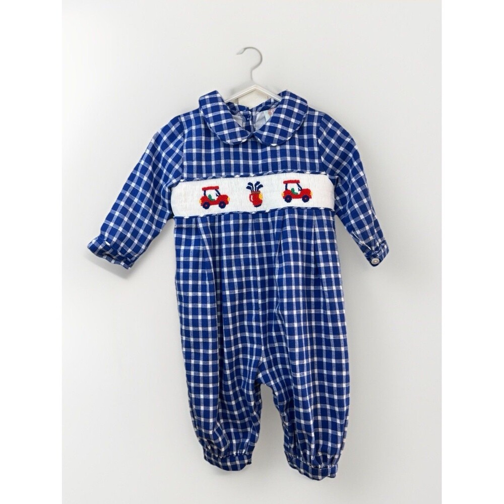 Cecil And Lou Blue Gingham Smocked Golf Longall Romper Size 6 Months